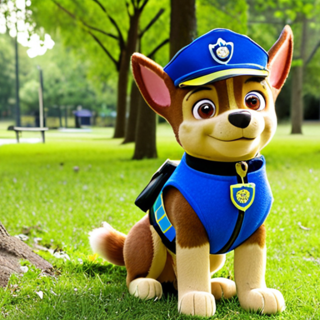 **

A child dressed as Chase from Paw Patrol, wearing a blue felt vest with a police badge, a blue hat with a Paw Patrol emblem, standing proudly in a park with trees in the background. The scene is bright and cheerful, emphasizing the homemade nature of the costume.

**