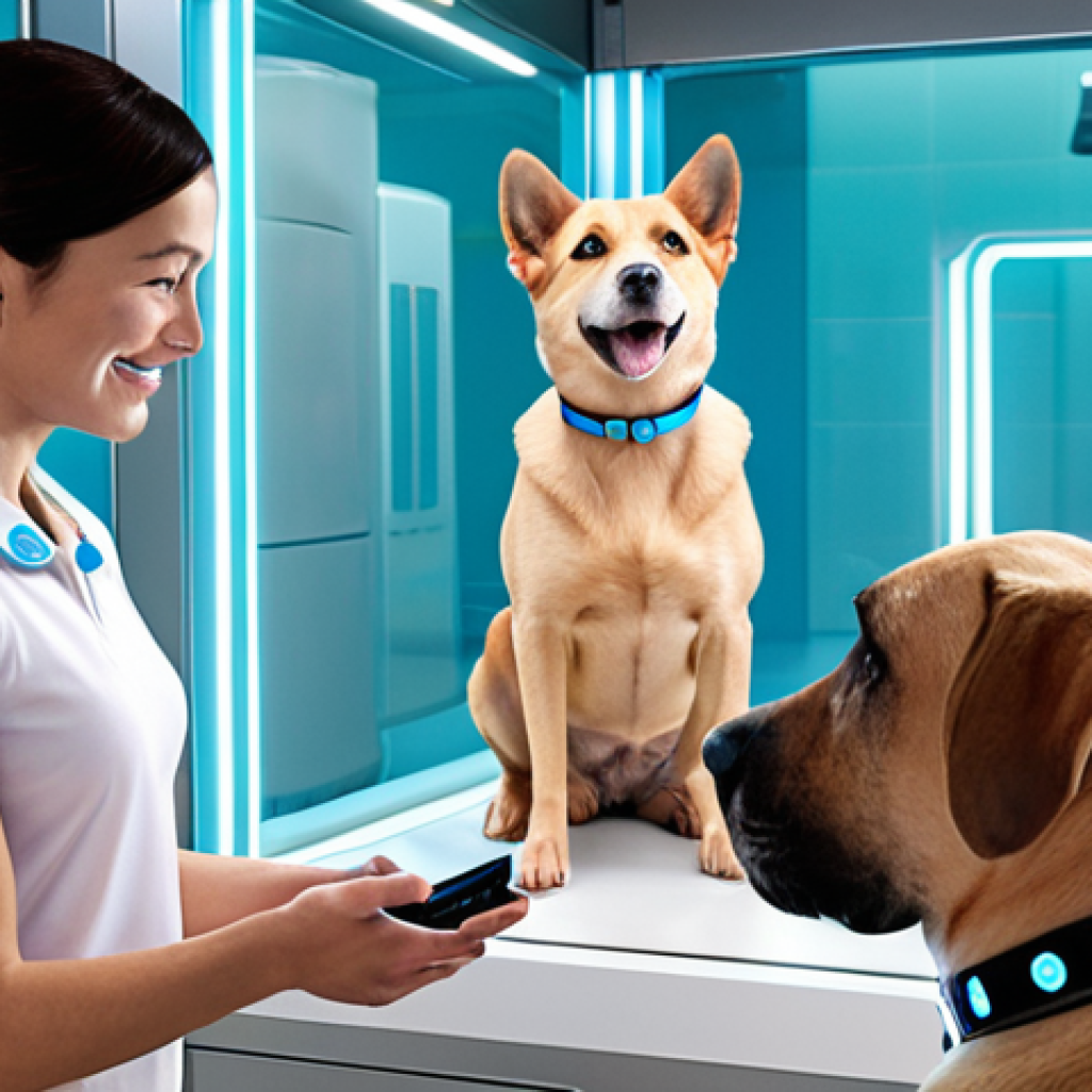 A futuristic animal welfare center, gleaming with soft, inviting light. In the foreground, a transparent holographic display showcases an AI-powered matching system, pairing a joyful dog with a compatible family profile. Healthy, content cats and dogs are seen interacting in clean, spacious areas, some wearing smart collars that subtly glow, indicating health monitoring. The overall scene conveys efficiency, innovation, and a hopeful future where technology enhances the bond between humans and animals.
