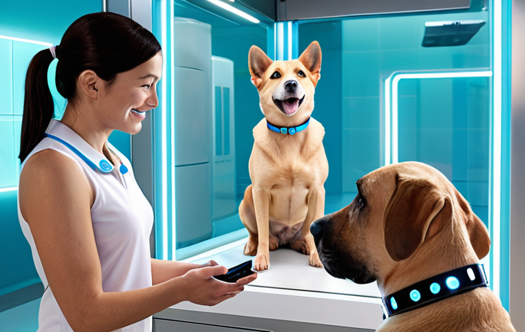 A futuristic animal welfare center, gleaming with soft, inviting light. In the foreground, a transparent holographic display showcases an AI-powered matching system, pairing a joyful dog with a compatible family profile. Healthy, content cats and dogs are seen interacting in clean, spacious areas, some wearing smart collars that subtly glow, indicating health monitoring. The overall scene conveys efficiency, innovation, and a hopeful future where technology enhances the bond between humans and animals.