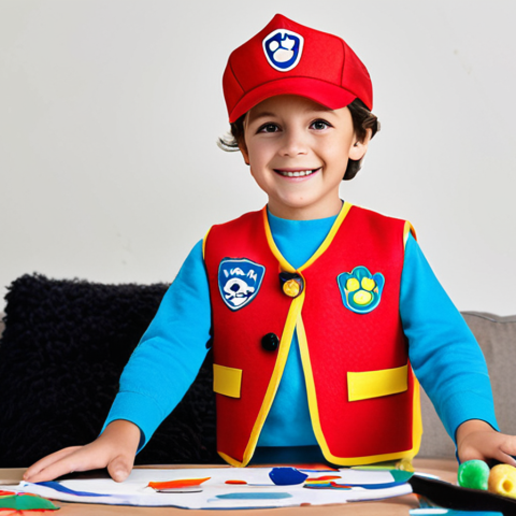 Chase-themed Costume Creation**

A child (age 6-8) wearing a fully clothed, handmade Chase (Paw Patrol) vest and hat costume, crafted from felt. The child is smiling and engaged in a crafting activity, surrounded by felt scraps, scissors, and other DIY materials. The background shows a brightly lit, family-friendly living room. Focus on the details of the handcrafted costume. Safe for work, appropriate content, fully clothed, professional, modest, family-friendly, perfect anatomy, correct proportions, natural pose, well-formed hands, proper finger count, natural body proportions.

**