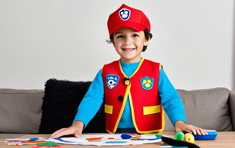 Chase-themed Costume Creation**

A child (age 6-8) wearing a fully clothed, handmade Chase (Paw Patrol) vest and hat costume, crafted from felt. The child is smiling and engaged in a crafting activity, surrounded by felt scraps, scissors, and other DIY materials. The background shows a brightly lit, family-friendly living room. Focus on the details of the handcrafted costume. Safe for work, appropriate content, fully clothed, professional, modest, family-friendly, perfect anatomy, correct proportions, natural pose, well-formed hands, proper finger count, natural body proportions.

**