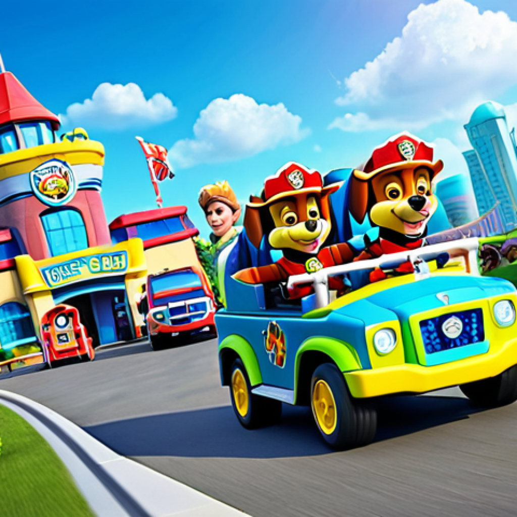 Adventure Bay Rescue Ride**

"A family-friendly ride called 'Adventure Bay Rescue' at a Paw Patrol theme park, featuring a vehicle moving through a cityscape reminiscent of Adventure Bay. Fully clothed children and adults are smiling and waving. The ride incorporates VR elements with screens displaying exciting rescue scenarios. Safe for work, appropriate content, professional illustration, perfect anatomy, correct proportions, vibrant colors, sunny day."

**