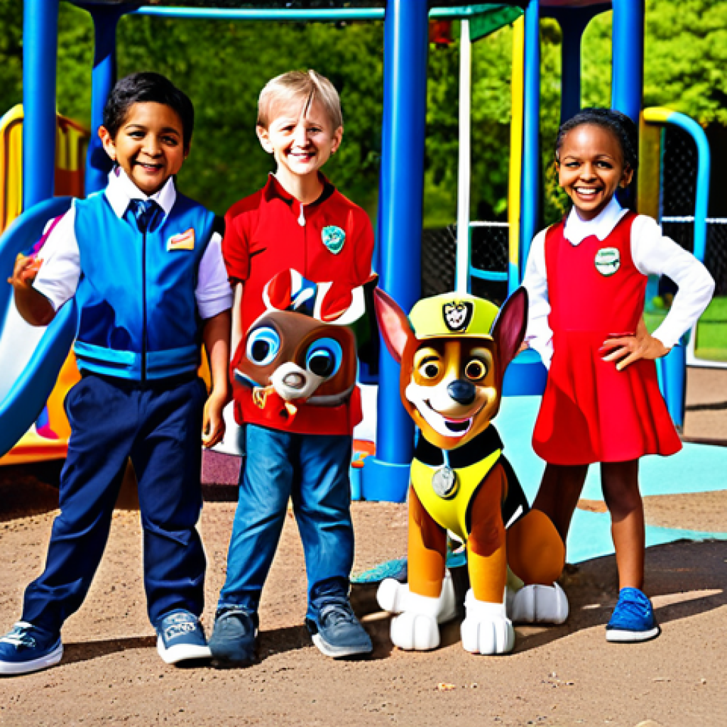 **

"A group of diverse, fully clothed young children (ages 5-7) dressed in Paw Patrol-themed costumes (Chase, Marshall, Skye, Rubble, Rocky, Zuma), playing together in a bright, sunny park. Background shows a playground with colorful equipment. The children are laughing and smiling, engaged in imaginative play. Perfect anatomy, natural poses, well-formed hands, proper finger count. Safe for work, appropriate content, family-friendly, professional illustration."

**