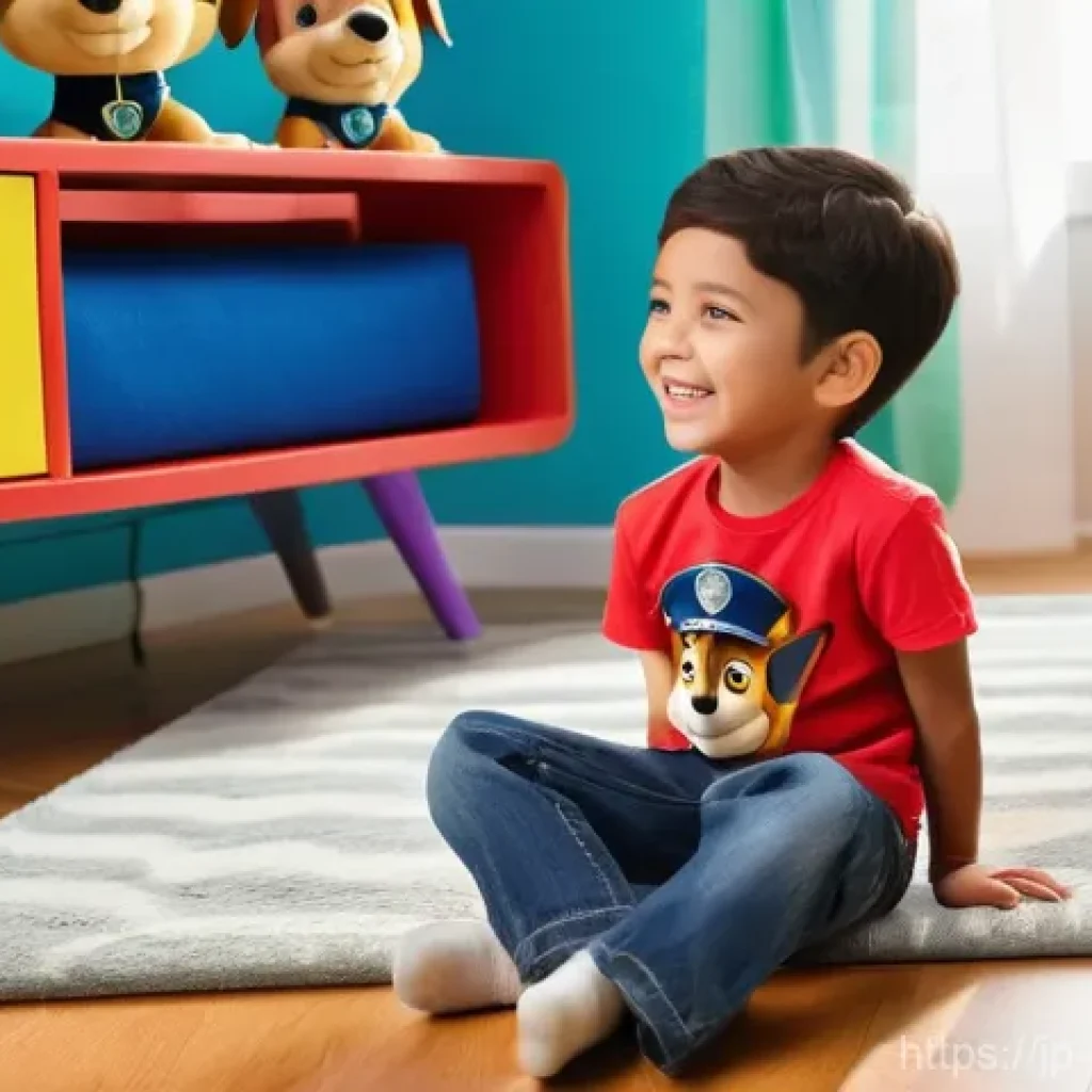 퍼피구조대 유튜브 채널 리뷰 - A cozy living room bathed in warm, soft light. A happy child, approximately 6 years old, wearing a c...