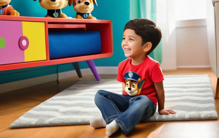 퍼피구조대 유튜브 채널 리뷰 - A cozy living room bathed in warm, soft light. A happy child, approximately 6 years old, wearing a c...