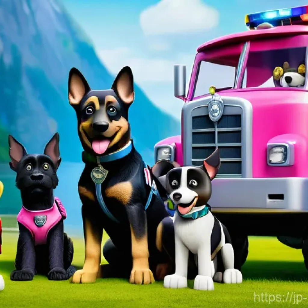 퍼피구조대 인물별 에피소드 주제 - A vibrant and heroic group image of the Paw Patrol team, showcasing teamwork and diversity. Chase, t...