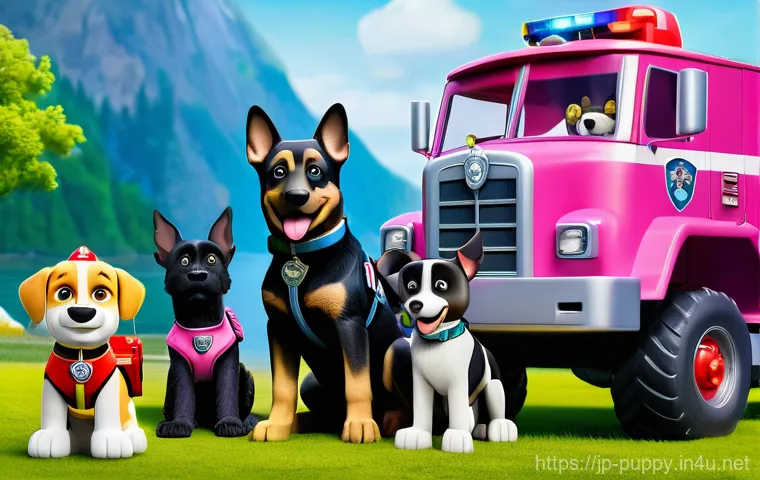 퍼피구조대 인물별 에피소드 주제 - A vibrant and heroic group image of the Paw Patrol team, showcasing teamwork and diversity. Chase, t...