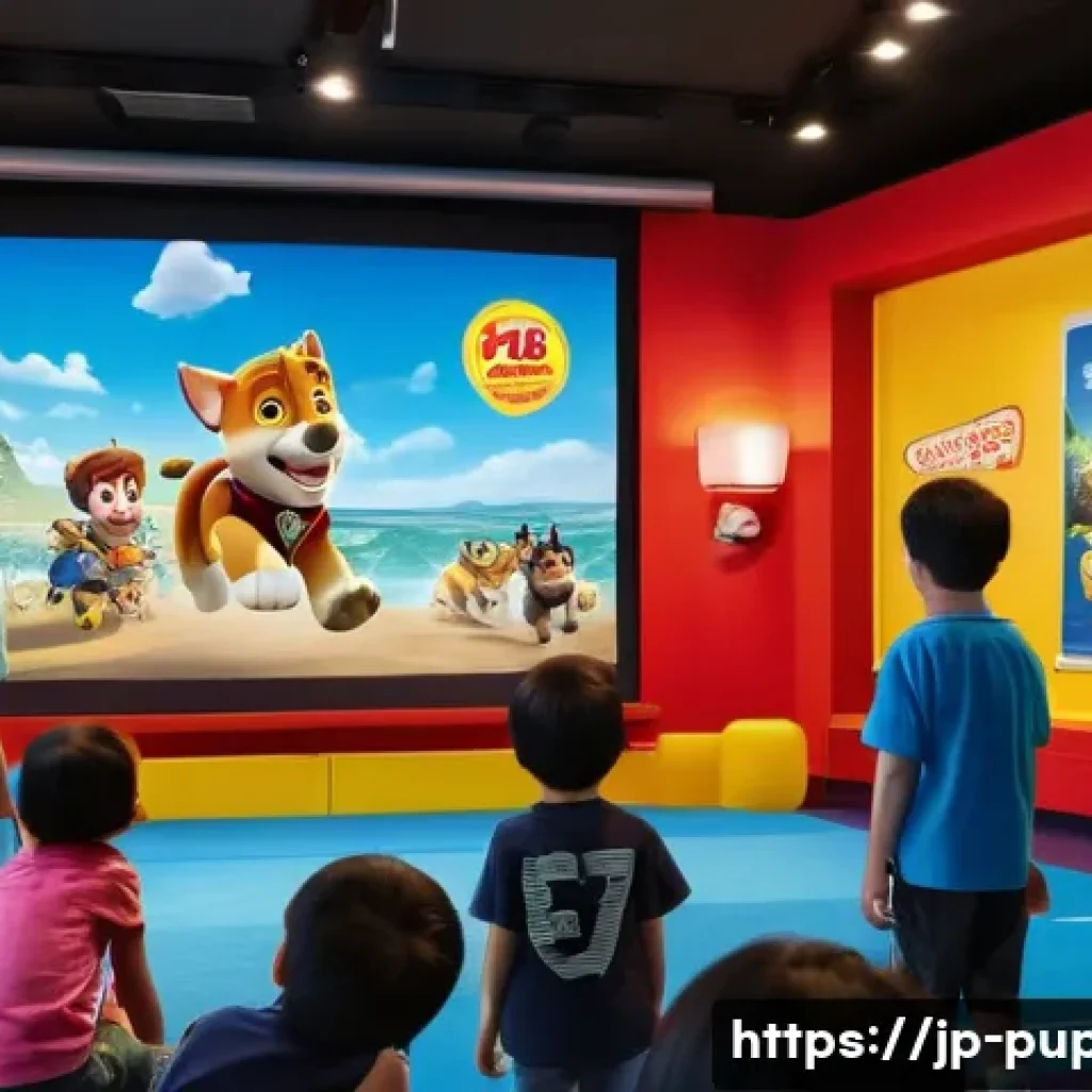 퍼피구조대의 미래 전망 - A vibrant and heartwarming scene inside a modern Japanese cinema, specifically designed for a childr...