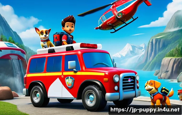 퍼피구조대 방송 후원사 - **Prompt: "A vibrant, action-packed scene of the entire Paw Patrol team, led by Ryder, during a high...