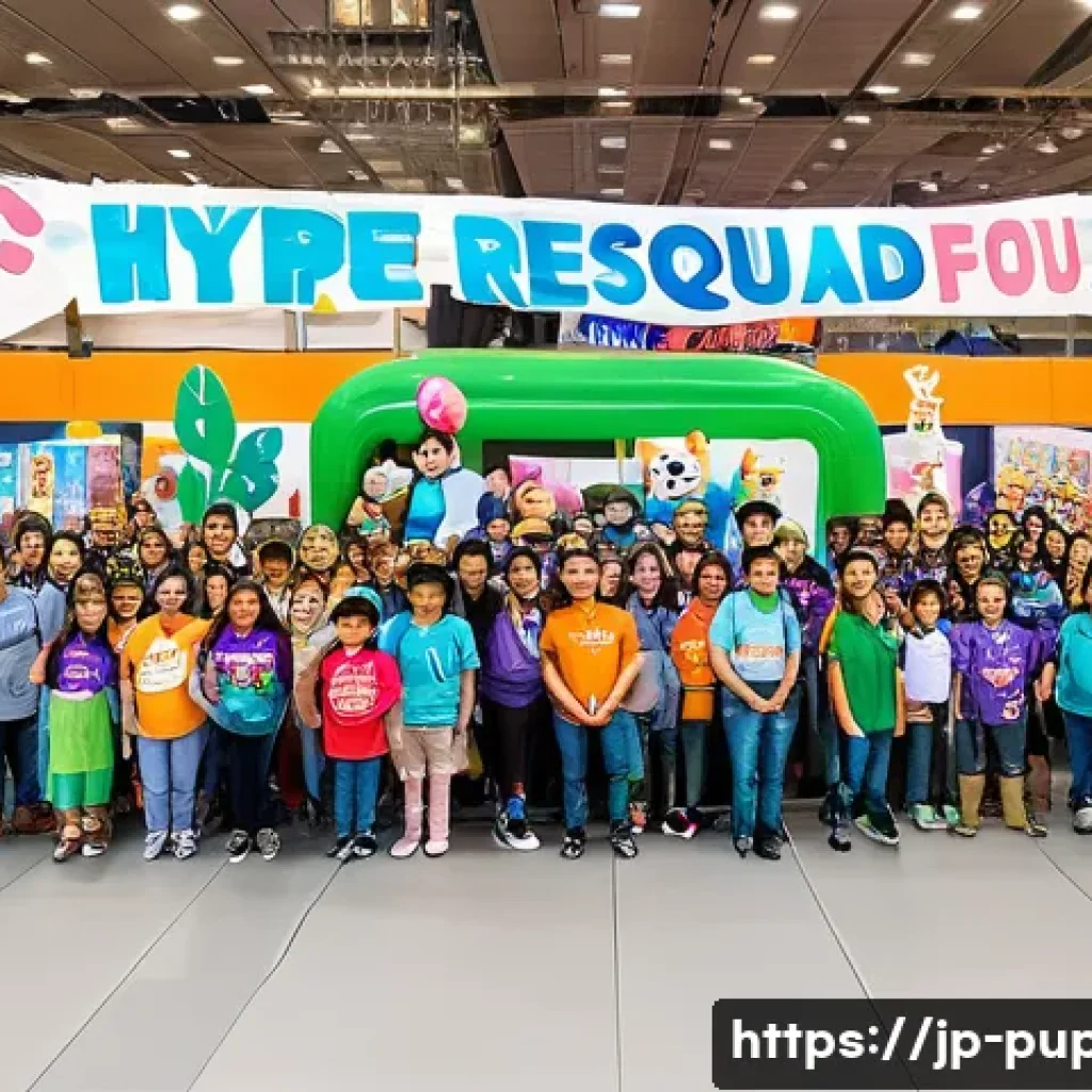 퍼피구조대의 팬들과의 상호작용 - A vibrant fan event scene featuring diverse attendees including parents with small children wearing ...