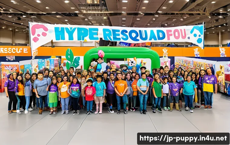 퍼피구조대의 팬들과의 상호작용 - A vibrant fan event scene featuring diverse attendees including parents with small children wearing ...