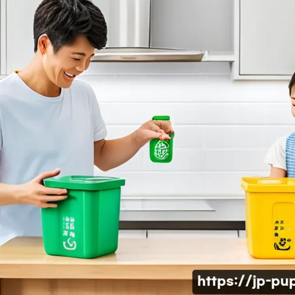 퍼피구조대 로키와 환경 보호 - A cheerful Japanese family sorting household waste into recycling bins, with clear labels in hiragan...