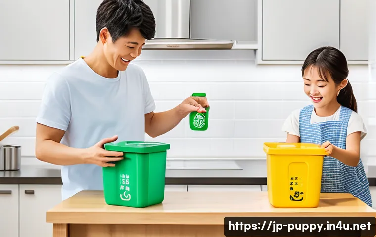 퍼피구조대 로키와 환경 보호 - A cheerful Japanese family sorting household waste into recycling bins, with clear labels in hiragan...