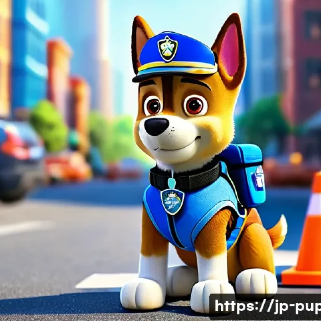 퍼피구조대 체이스 캐릭터 분석 - A brave and responsible police dog character inspired by Chase from Paw Patrol, standing confidently...