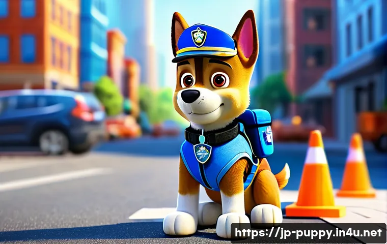 퍼피구조대 체이스 캐릭터 분석 - A brave and responsible police dog character inspired by Chase from Paw Patrol, standing confidently...