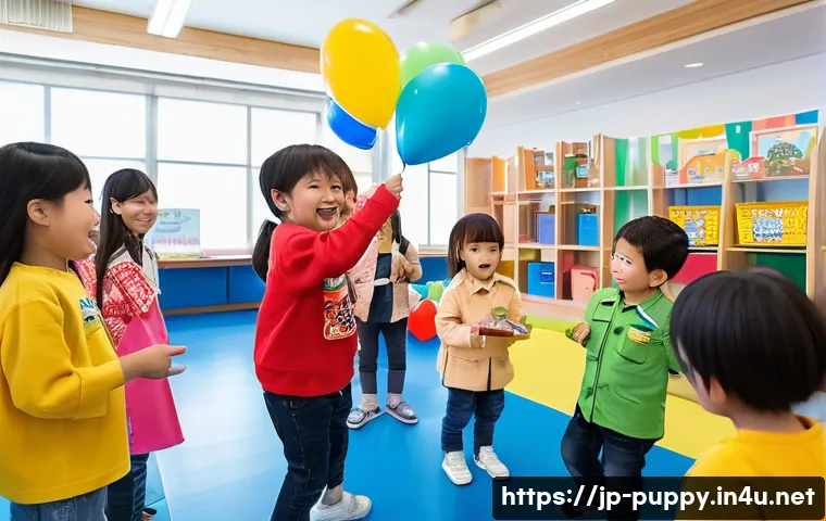퍼피구조대 어린이 행사 협찬 - A lively and colorful children&rsquo;s event scene in a modern Japanese community hall, featuring diverse ...