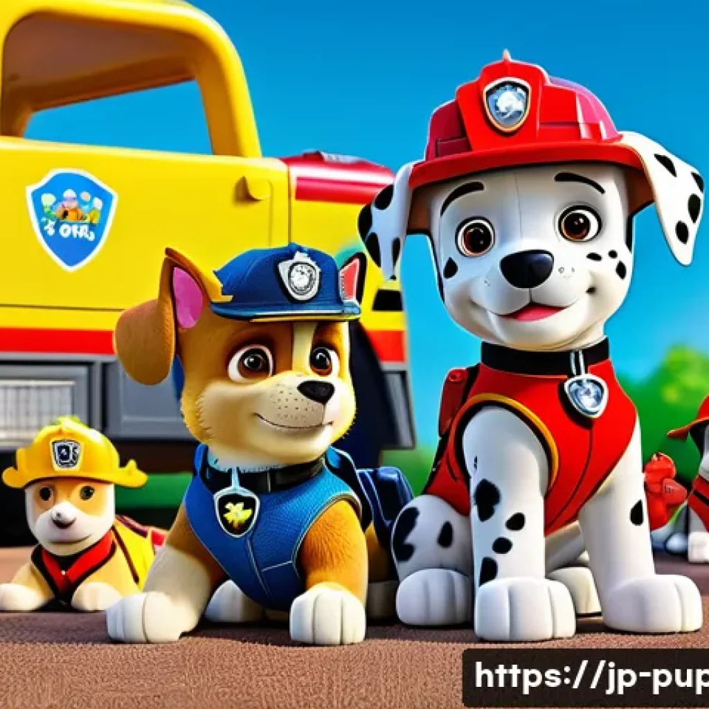 퍼피구조대에서 배울 점 - A vibrant scene featuring the Paw Patrol puppies working together in a sunny park setting. Chase, th...