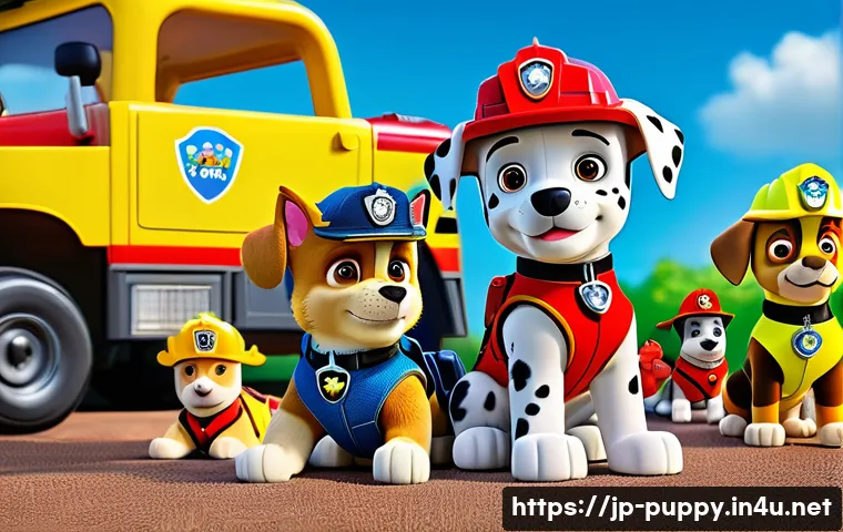 퍼피구조대에서 배울 점 - A vibrant scene featuring the Paw Patrol puppies working together in a sunny park setting. Chase, th...
