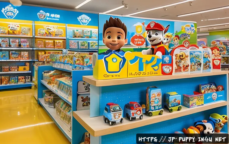 퍼피구조대 완구 할인 정보 - A bright and cheerful Japanese toy store interior during a weekend limited-time sale event featuring...