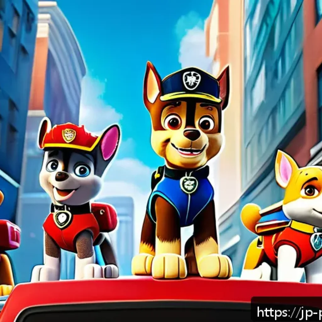 퍼피구조대 시즌별 주요 캐릭터 변화 - A vibrant and dynamic scene featuring the updated Paw Patrol characters in action: Ryder with expres...
