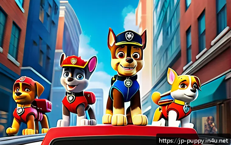 퍼피구조대 시즌별 주요 캐릭터 변화 - A vibrant and dynamic scene featuring the updated Paw Patrol characters in action: Ryder with expres...