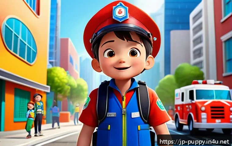 퍼피구조대 영어 더빙과 원작 비교 - A vibrant and dynamic scene featuring a cheerful animated young boy character named Ryder from a chi...