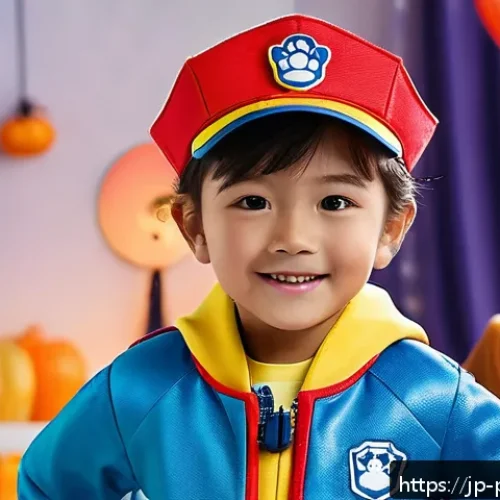 퍼피구조대 코스프레 의상 구매처 - A cheerful young child wearing a detailed Paw Patrol costume set including a jacket, hat, and shoe c...