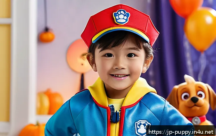 퍼피구조대 코스프레 의상 구매처 - A cheerful young child wearing a detailed Paw Patrol costume set including a jacket, hat, and shoe c...
