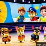 퍼피구조대 팬들과의 소통 - A lively hybrid fan event scene featuring diverse participants of all ages enjoying a Paw Patrol-the...