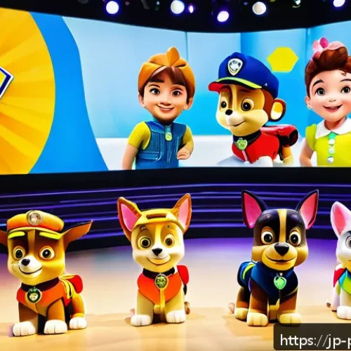퍼피구조대 팬들과의 소통 - A lively hybrid fan event scene featuring diverse participants of all ages enjoying a Paw Patrol-the...