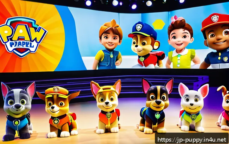 퍼피구조대 팬들과의 소통 - A lively hybrid fan event scene featuring diverse participants of all ages enjoying a Paw Patrol-the...