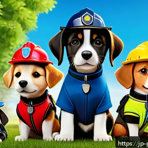 퍼피구조대 세계적 인지도 - A vibrant and colorful scene featuring a diverse group of animated rescue puppies dressed in their d...