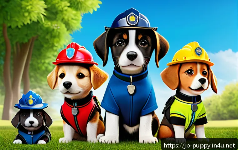 퍼피구조대 세계적 인지도 - A vibrant and colorful scene featuring a diverse group of animated rescue puppies dressed in their d...