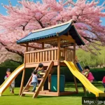 퍼피구조대의 긍정적인 메시지 - A colorful, heartwarming scene of diverse children playing together in a sunny park, each child wear...
