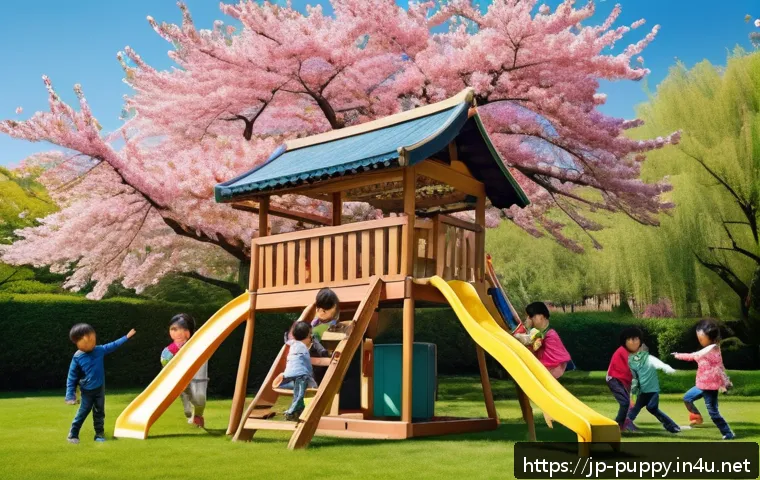퍼피구조대의 긍정적인 메시지 - A colorful, heartwarming scene of diverse children playing together in a sunny park, each child wear...
