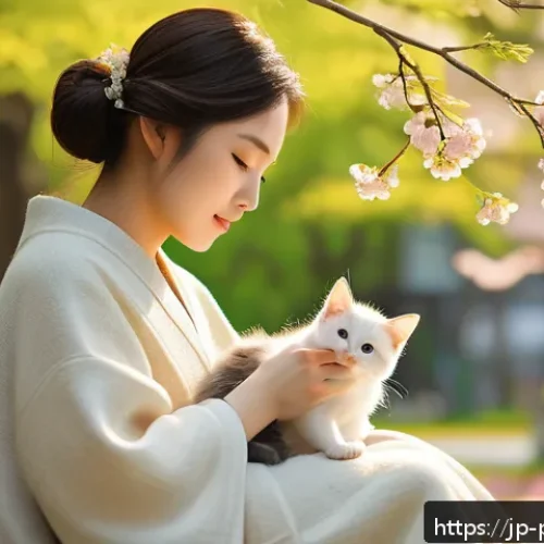 퍼피구조대와 공익 캠페인 - A serene urban park scene during a gentle spring afternoon, featuring a young Japanese woman in casu...