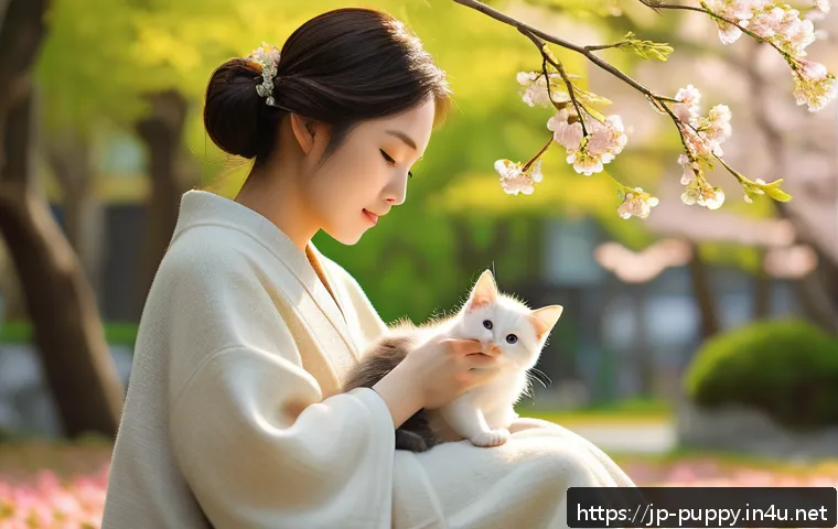 퍼피구조대와 공익 캠페인 - A serene urban park scene during a gentle spring afternoon, featuring a young Japanese woman in casu...