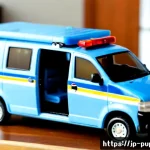 퍼피구조대 캐릭터별 장난감 리뷰 - Photorealistic tabletop toy review scene featuring a detailed Chase-inspired blue police puppy rescu...