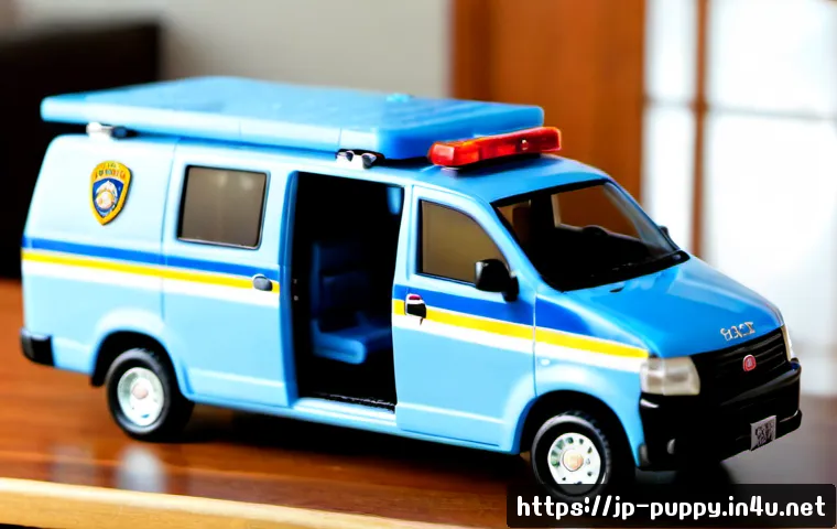 퍼피구조대 캐릭터별 장난감 리뷰 - Photorealistic tabletop toy review scene featuring a detailed Chase-inspired blue police puppy rescu...
