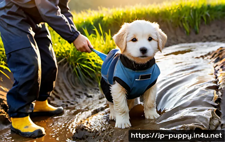 퍼피구조대 유튜브 인기 클립 - Photorealistic heartwarming scene of a small fluffy puppy being gently rescued from a shallow muddy ...