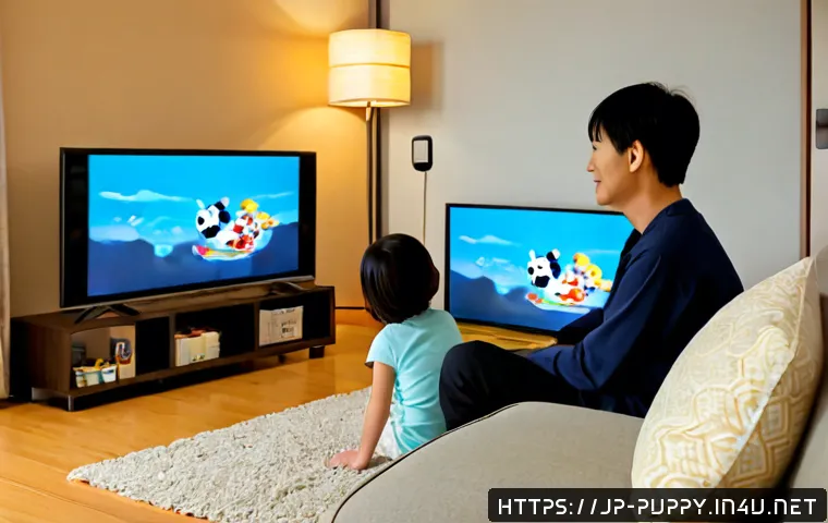 퍼피구조대 시청 연령대 분석 - Photorealistic Japanese family living room, a preschool child and an elementary-school sibling sitti...