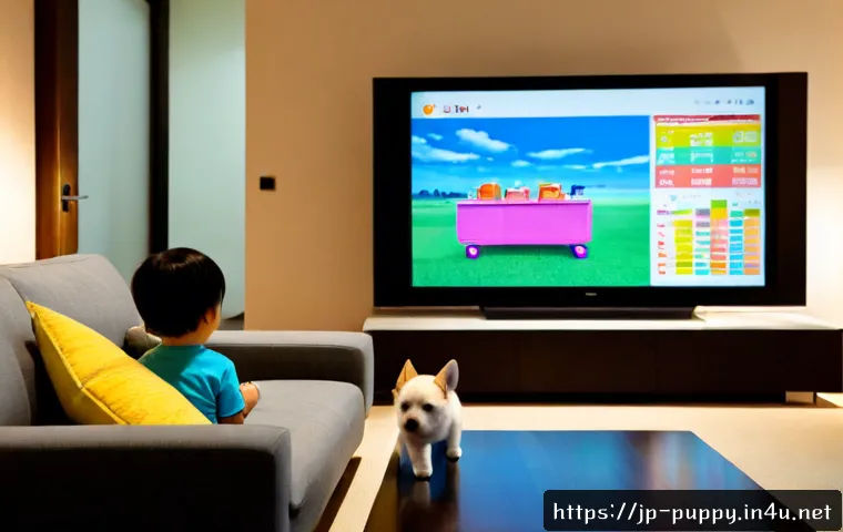 퍼피구조대 스트리밍 시청률 분석 - Photorealistic Japanese family living room, a parent and young child watching a colorful generic ani...