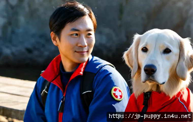 퍼피구조대 라이더 프로필 - Photorealistic profile portrait of a friendly young adult leader of a canine search-and-rescue team,...